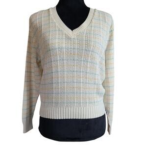 VTG Catalina V Neck Open Knit Sweater Womens Large Cream Pastel Stripe Soft Girl